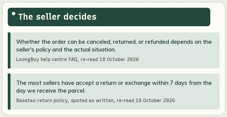 Two quotes from agents saying that cancellations and returns depend on the seller