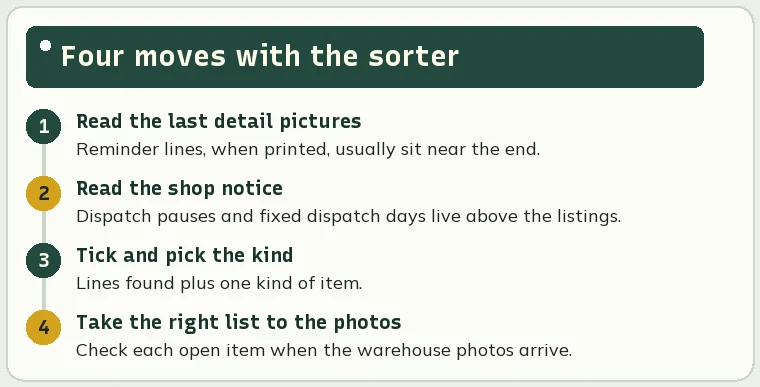 Four numbered steps for using the warning sorter on a real listing