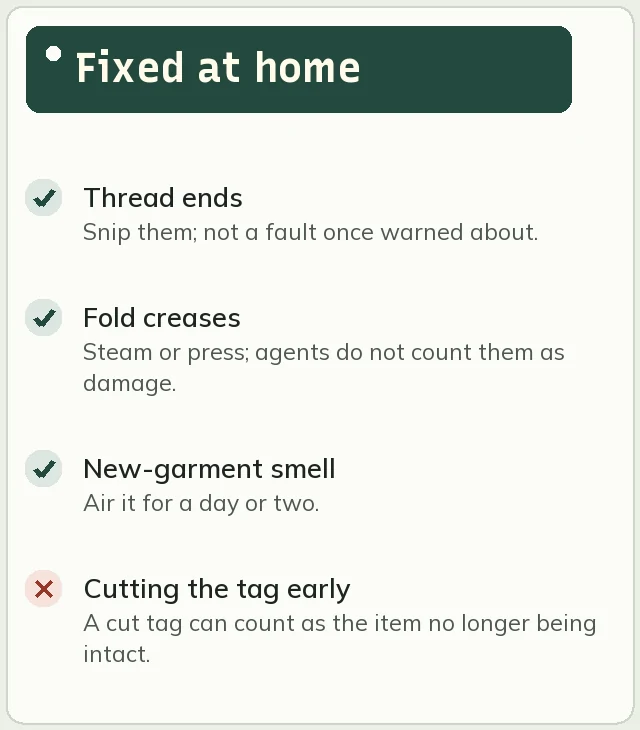 Three fixes for threads, creases and smell, plus one warning not to cut the tag before deciding