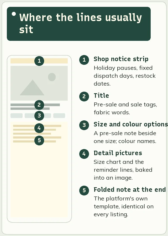 Wireframe of a phone listing with five numbered spots: shop notice, title, size options, detail pictures and the folded platform note