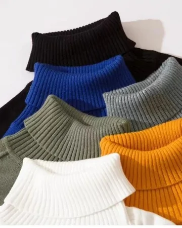 Folded rib-knit roll-neck jumpers in black, blue, grey, green, orange and white